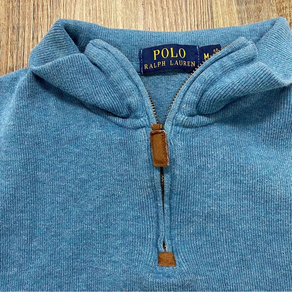 Polo Ralph Lauren Heather Blue Knit Top 1/4” Zip Cotton Preppy‎ Size Medium